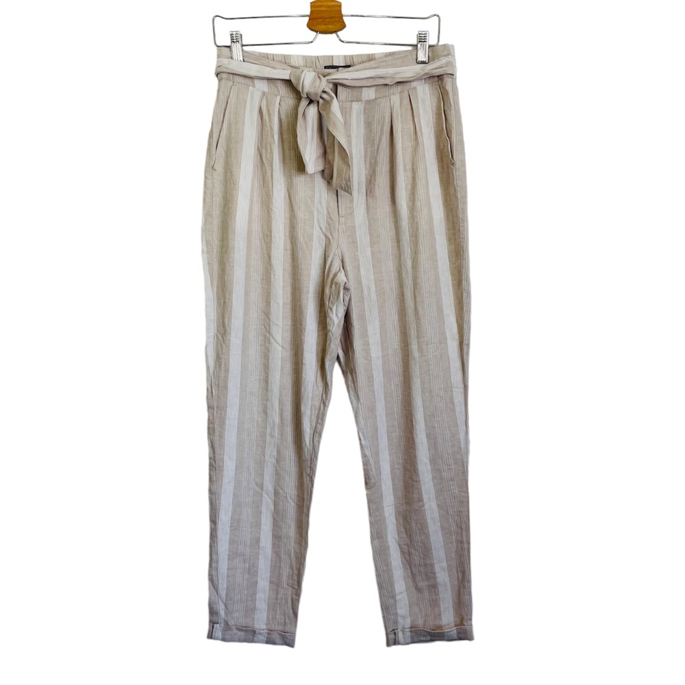 Abercrombie & Fitch Womens Linen Pants Size Medium Belt Beige White Stripes